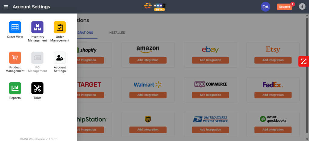 A screenshot of the Account Settings page with the left menu popped up in CommerceBlitz OMNI.
