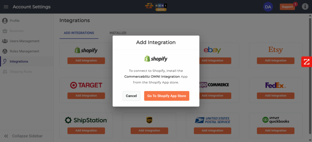 A screenshot of the Account Settings page with the Add Integration popup available in CommerceBlitz OMNI.
