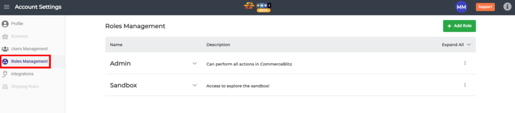 Screenshot highlighting the Roles Management and Add Role feature in CommerceBlitz OMNI.