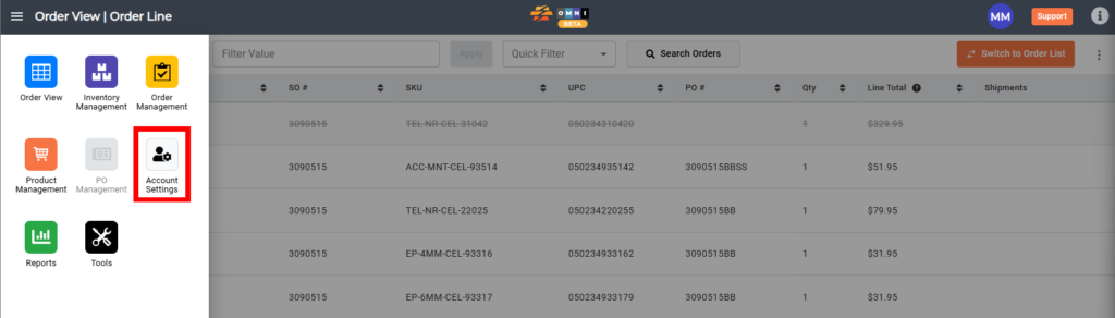 CommerceBlitz OMNI account settings menu in the main navigation.