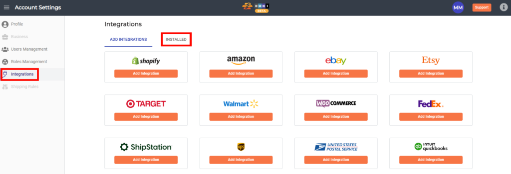 CommerceBlitz OMNI integrations submenu in account settings.