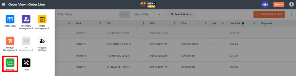 Order View screen in CommerceBlitz OMNI showing the Reports menu highlighted and an order line table with SKUs, quantities, and line totals.