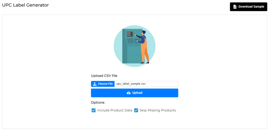 UPC Label Generator page in CommerceBlitz OMNI showing a CSV file selected and the Upload button ready to submit the UPC data.