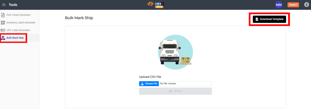 Bulk Mark Ship selected in the Tools submenu with the Download Template button highlighted.