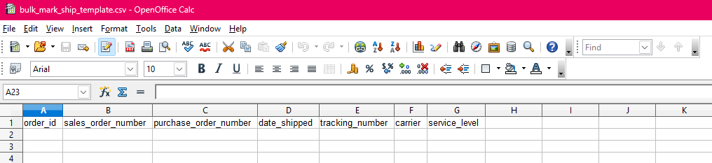 Bulk Mark Ship CSV template opened in LibreOffice Calc with required columns visible for data entry.