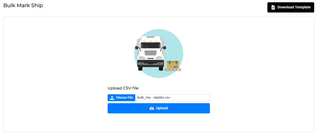Bulk Mark Ship screen showing a CSV file selected and ready to upload.