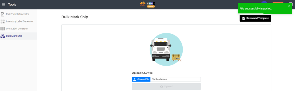 Bulk Mark Ship page in CommerceBlitz OMNI showing a success message confirming the CSV file was successfully imported.