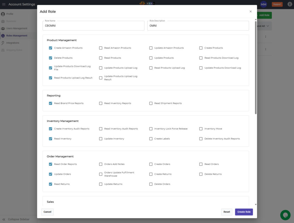 This screenshot shows the Add Role pop-up menu in CommerceBlitz OMNI.