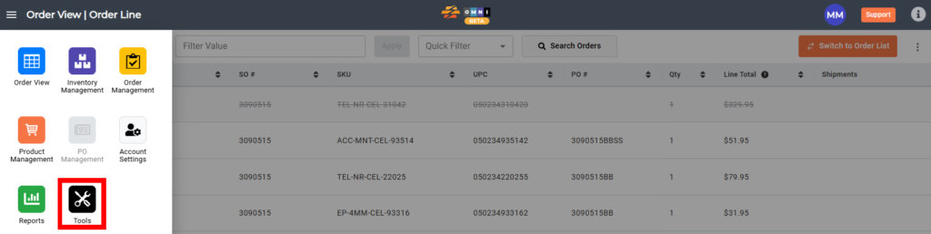 CommerceBlitz OMNI Orders View showing the Tools icon highlighted in the left sidebar.