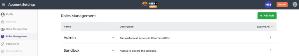 This screenshot shows the Roles Management page of CommerceBlitz OMNI.