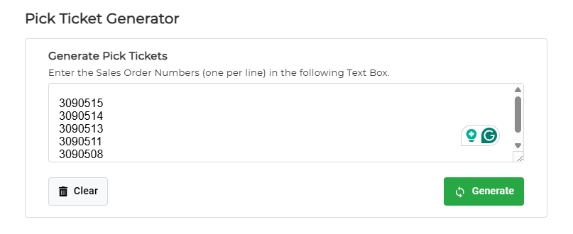 Pick Ticket Generator page in CommerceBlitz OMNI showing sales order numbers entered in the text box with Clear and Generate buttons for creating pick tickets.