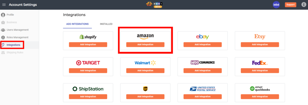 CommerceBlitz OMNI integrations page with Amazon integration option.