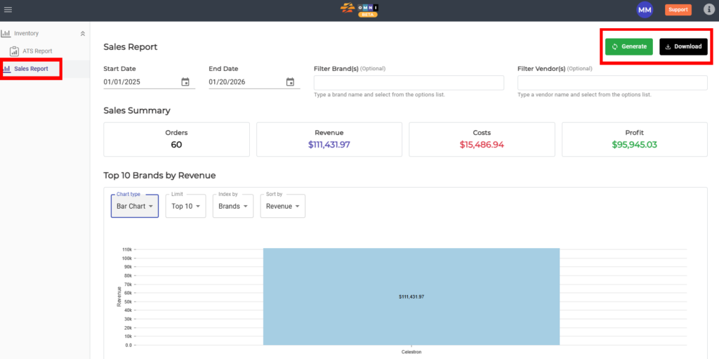 Sales Report page in CommerceBlitz OMNI showing date filters, sales summary metrics, a revenue chart, and highlighted Generate and Download report buttons.