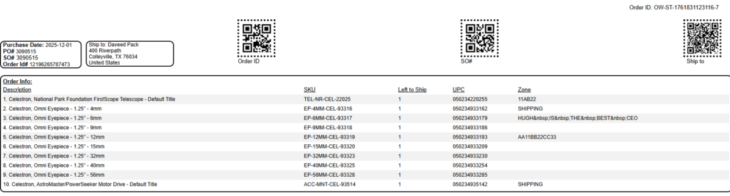Generated pick ticket page in CommerceBlitz OMNI showing order details, QR codes, item list with SKUs, quantities, UPCs, and zone locations ready for printing.