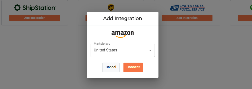 Add Amazon integration dialog showing marketplace selection and connect option in CommerceBlitz OMNI.