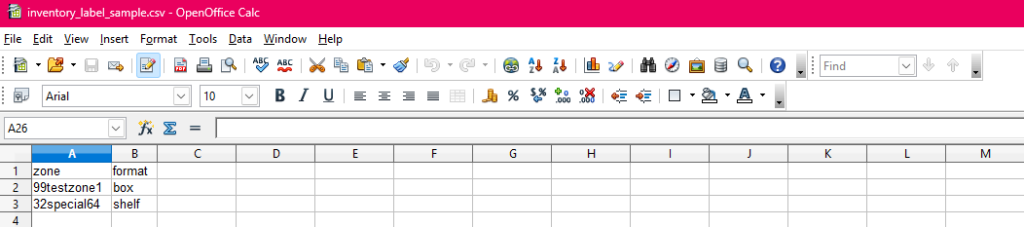 Sample inventory label CSV file opened in LibreOffice Calc with columns filled in for labeling.