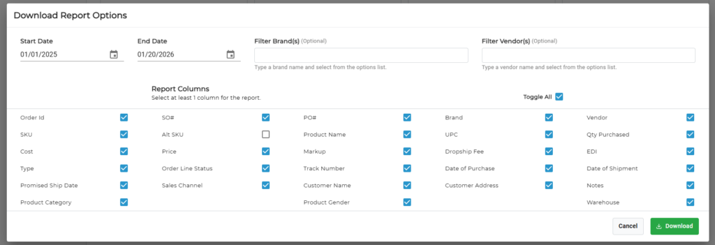 Download Report Options window in CommerceBlitz OMNI showing date filters, brand and vendor filters, selectable report columns, and a Download button.