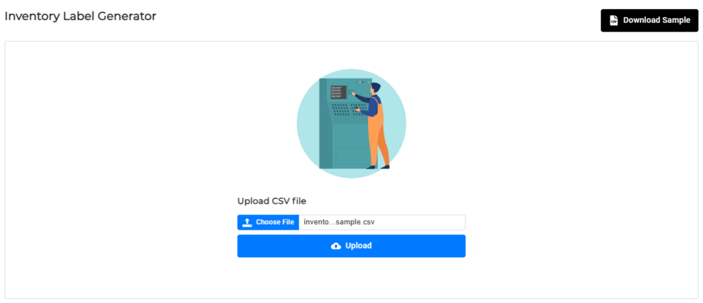 Inventory Label Generator page in CommerceBlitz OMNI showing a CSV file selected and the Upload button ready to submit the file.