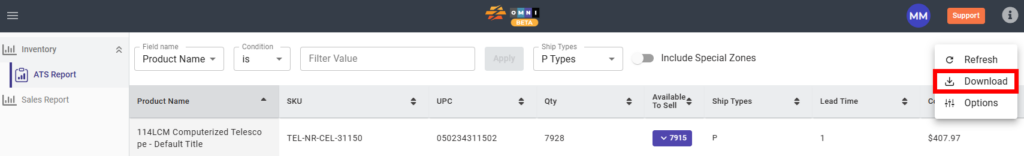 CommerceBlitz OMNI ATS Report page showing the three-dot menu opened with the Download option highlighted for exporting the report.