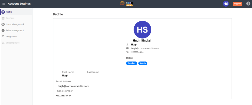 A screenshot of the Account Settings -> Profile screen of CommercBlitz OMNI.
