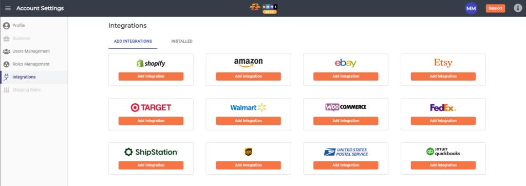 A screenshot of the Add Integrations options in the Account Settings section of CommerceBlitz OMNI.