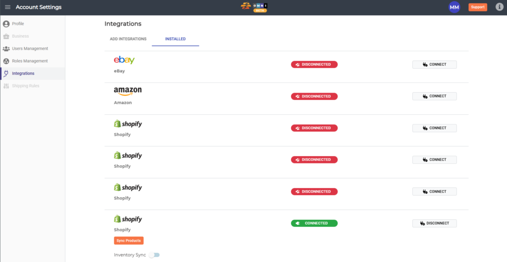 A screenshot of the Installed Integrations options in the Account Settings section of CommerceBlitz OMNI.