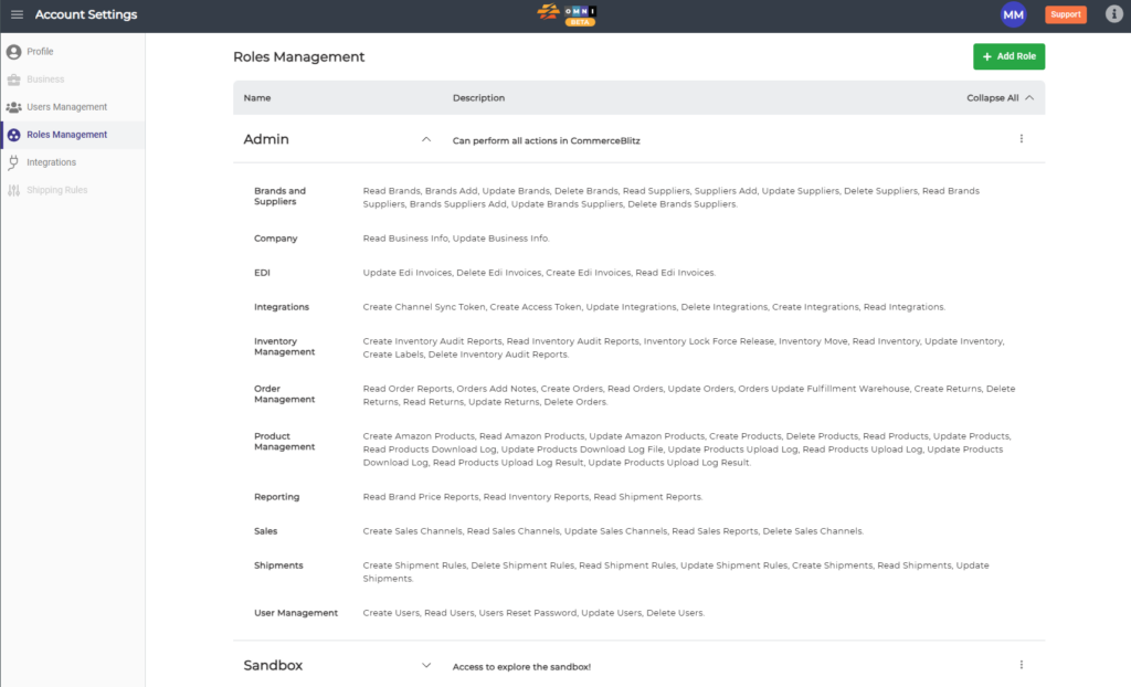 A screenshot of the Roles Management page within Account Settings in CommerceBlitz OMNI.