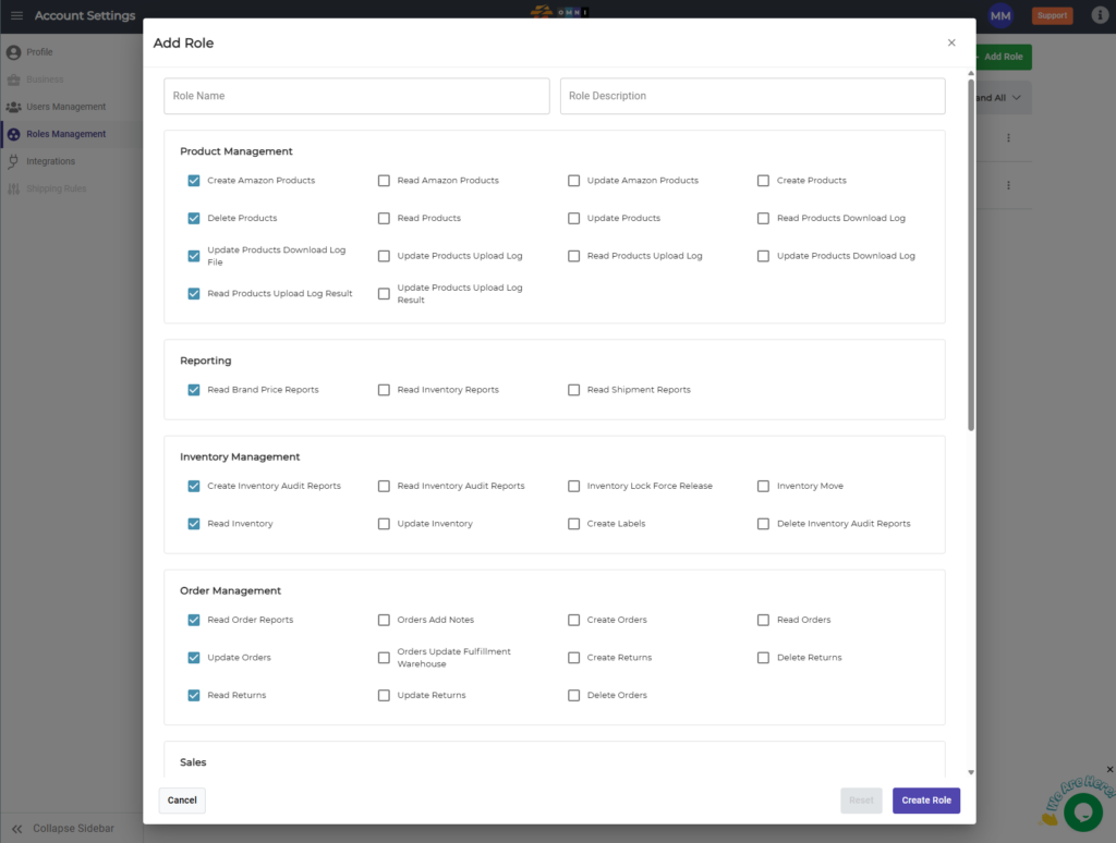 A screenshot of the Roles Management --> Add Role page within Account Settings in CommerceBlitz OMNI.