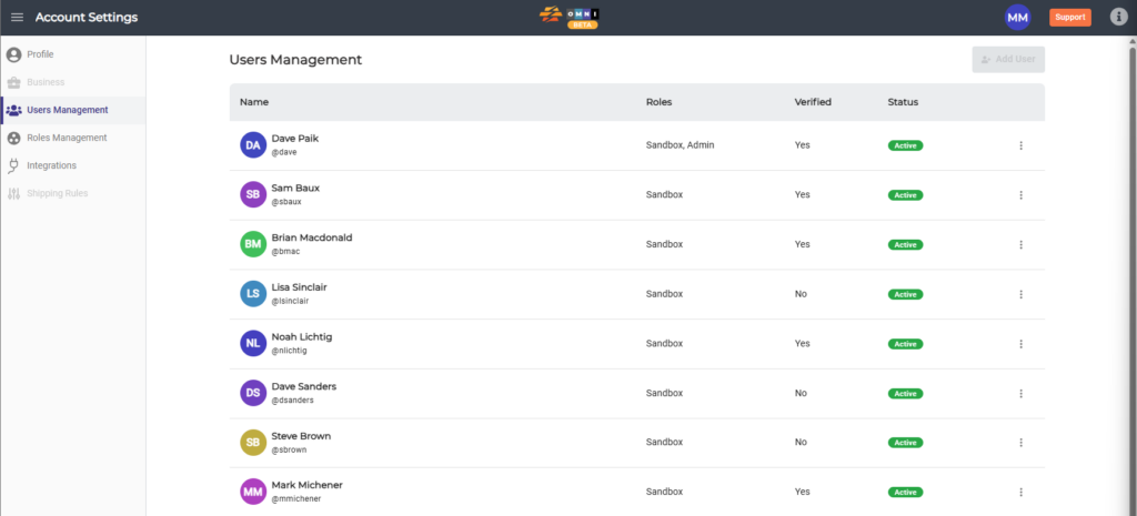 A screenshot of the Users Management screen in CommerceBlitz OMNI.
