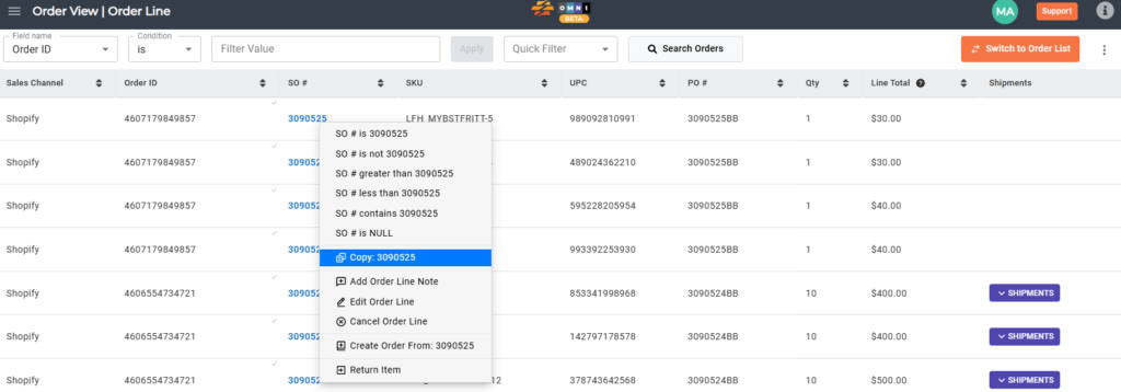 Order View order list showing right-click popup menu with Copy SO# option for copying sales order number in CommerceBlitz Order Management
