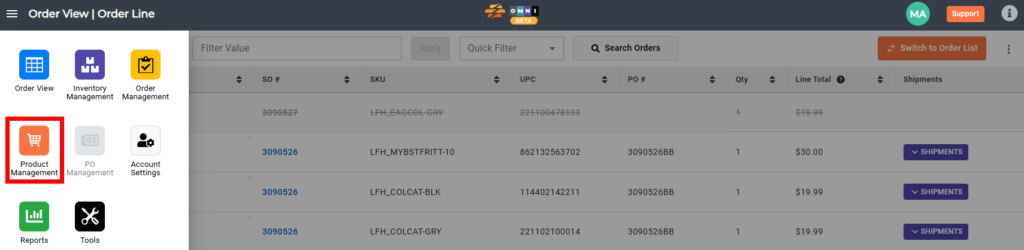 CommerceBlitz OMNI Product Management dashboard showing how to access Product Management from the main menu icon in Order View
