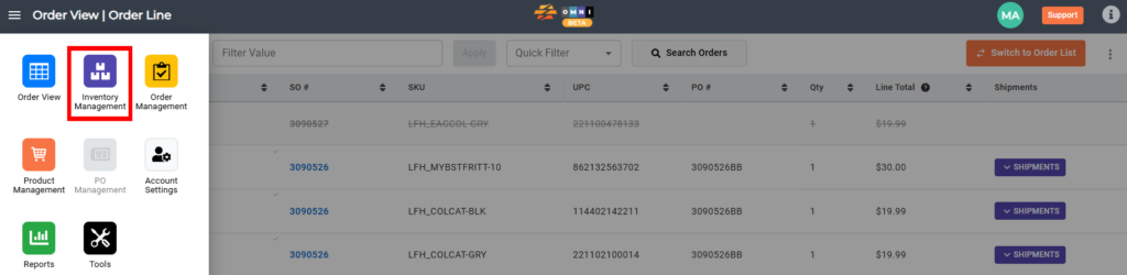 OMNI Inventory Management menu highlighted in the main navigation, showing how to access inventory management features within the OMNI platform for warehouse and stockroom tracking.