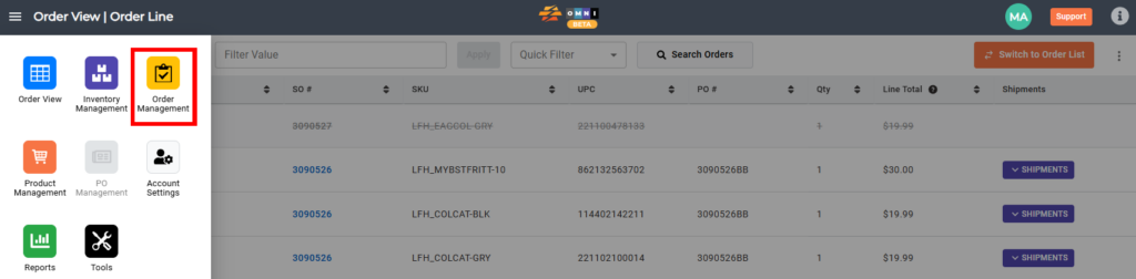 CommerceBlitz OMNI menu highlighting Order Management option in the Order View interface.
