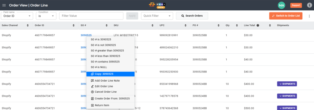CommerceBlitz OMNI Order View screen showing right-click quick menu with “Copy SO#” option on an unfinished sales order.
