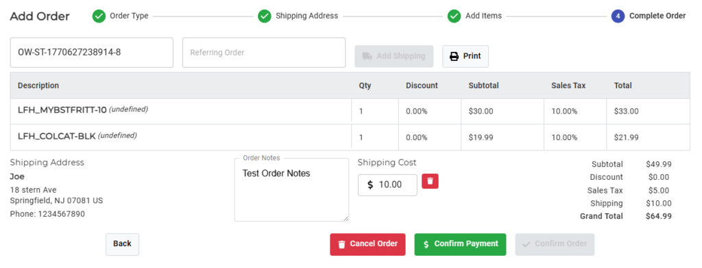 CommerceBlitz OMNI Complete Order screen showing added shipping cost, order notes, item totals, sales tax, and updated grand total before payment confirmation.

