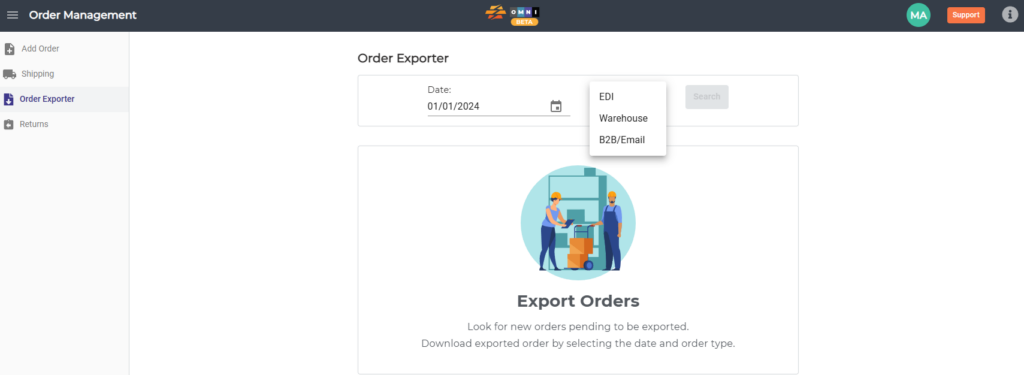 CommerceBlitz OMNI Order Exporter screen showing date selection and Order Type dropdown with EDI, Warehouse, and B2B Email options for exporting orders