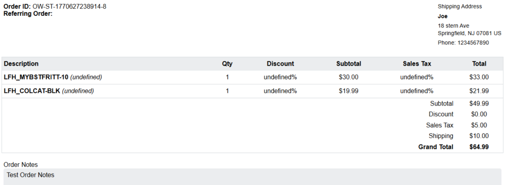 CommerceBlitz OMNI invoice preview showing order details, item list, quantities, discounts, sales tax, shipping cost, order notes, and grand total ready for printing.
