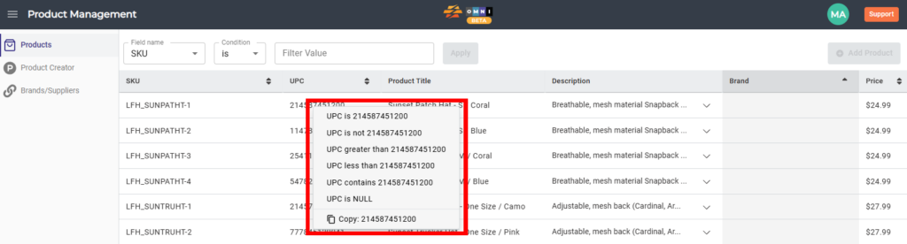 CommerceBlitz OMNI Product Management Products table showing right-click popup quick filter options for UPC values in the product catalog
