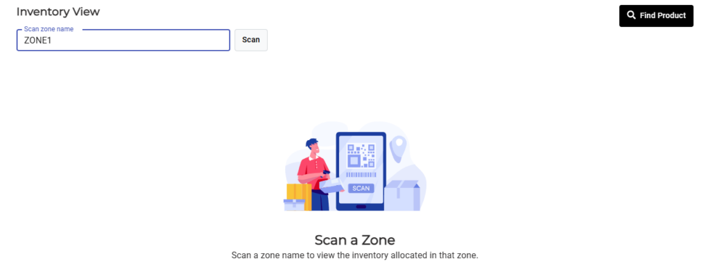Inventory View interface showing the Scan zone name field with a zone code entered to create or preview a warehouse zone and view assigned inventory.
