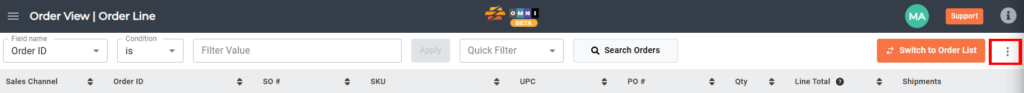 Order Line View showing the ellipsis options menu button in the top-right corner.