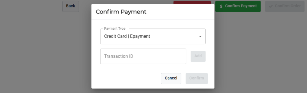 Confirm Payment popup in CommerceBlitz OMNI showing payment type dropdown, transaction ID field, and confirm and cancel buttons for order payment processing
