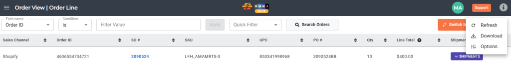 Options menu open showing refresh, download, and options actions.