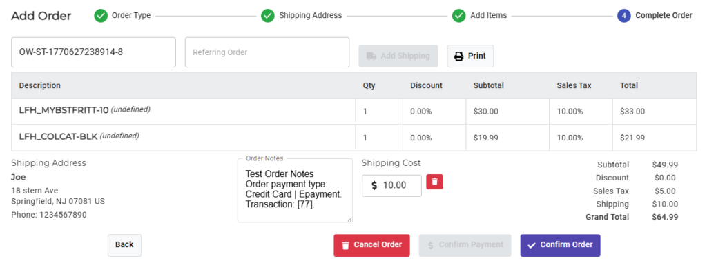 Confirm Order screen in CommerceBlitz OMNI showing completed order summary, shipping details, order notes, totals, and Confirm Order button to finalize the order
