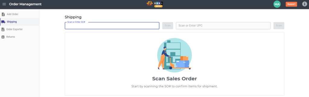CommerceBlitz OMNI Shipping module showing the Scan or Enter SO# field used to start the shipping workflow by scanning a sales order.
