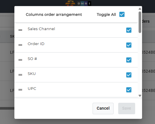 Columns order arrangement menu for reordering data fields.