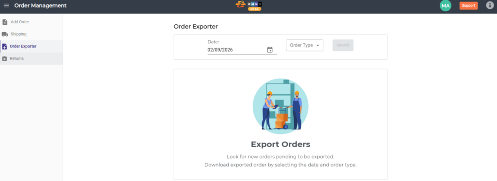 CommerceBlitz OMNI Order Exporter screen displaying the Order Management sidebar and the Export Orders interface used to filter and download orders by date and order type.
