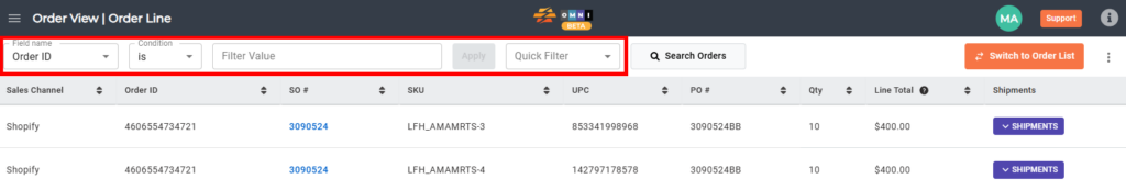 Filter bar showing field, condition, value, and quick filter options.