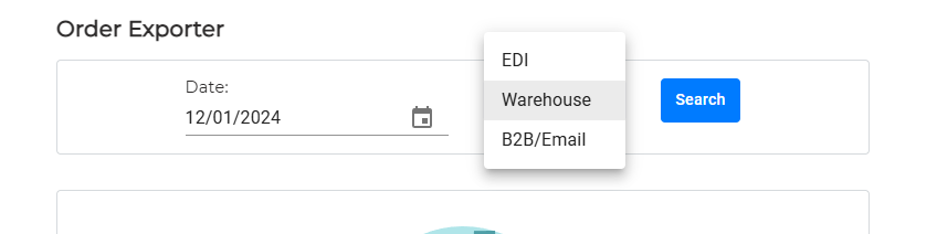 CommerceBlitz OMNI Order Exporter page showing the Order Type dropdown with EDI, Warehouse, and B2B/Email options for exporting warehouse and fulfillment orders.
