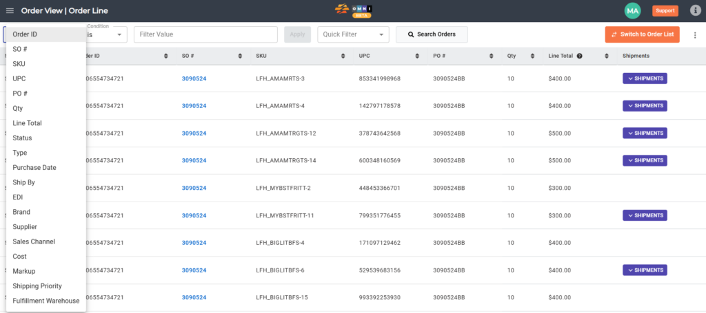 Filter column dropdown showing available fields to filter by.