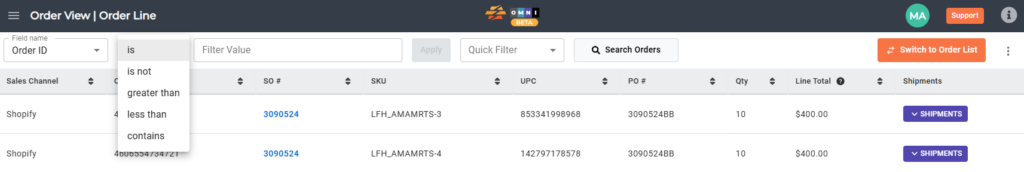 Filter condition dropdown showing available comparison options.
